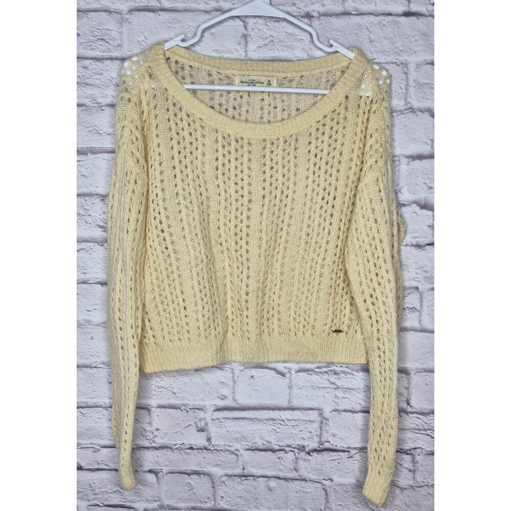 ​Abercrombie & Fitch Wool Blend Pointelle Knit Sweater Cream Ivory Crop Medium M